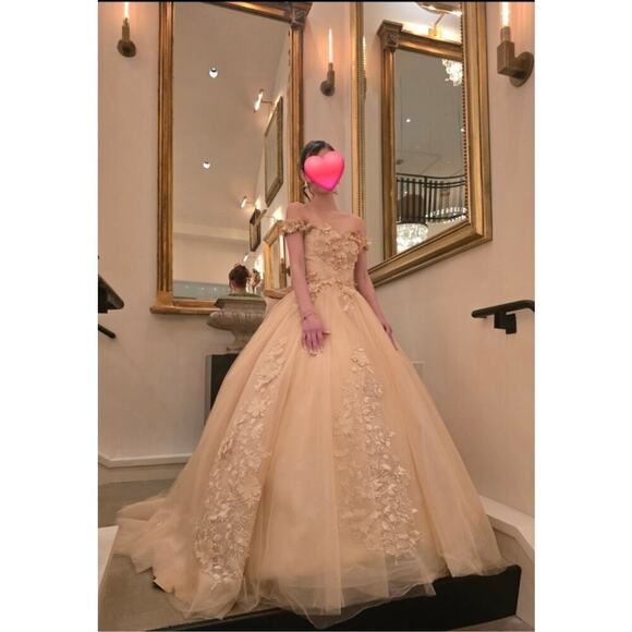 None Dresses & Skirts - Champagne 3D Floral Quinceañera Ball Gown Lace Beaded Off Shoulder Dress Size 00